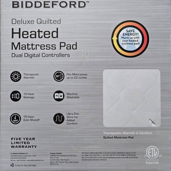 Biddeford Blankets Quilted Electric Washable Mattress Pad - Queen Size - Picture 4 of 7